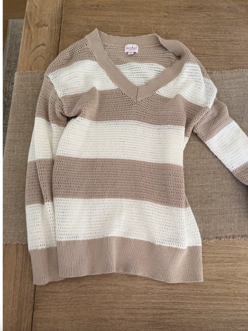 Beige and White Striped Sweater Size M